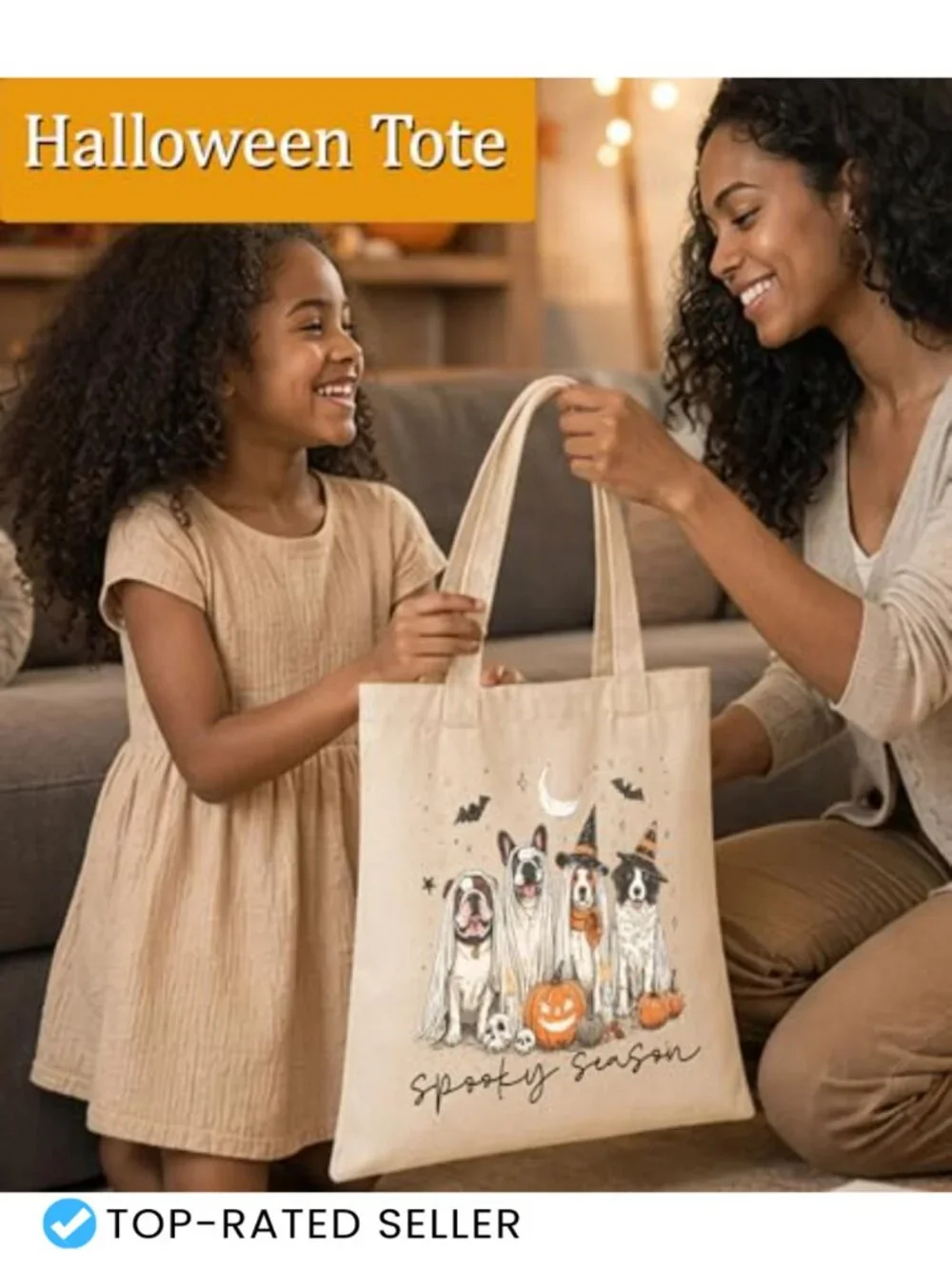 Halloween Ghost Tote Bag for Women - Canvas Spooky Tote with Inner Pocket
